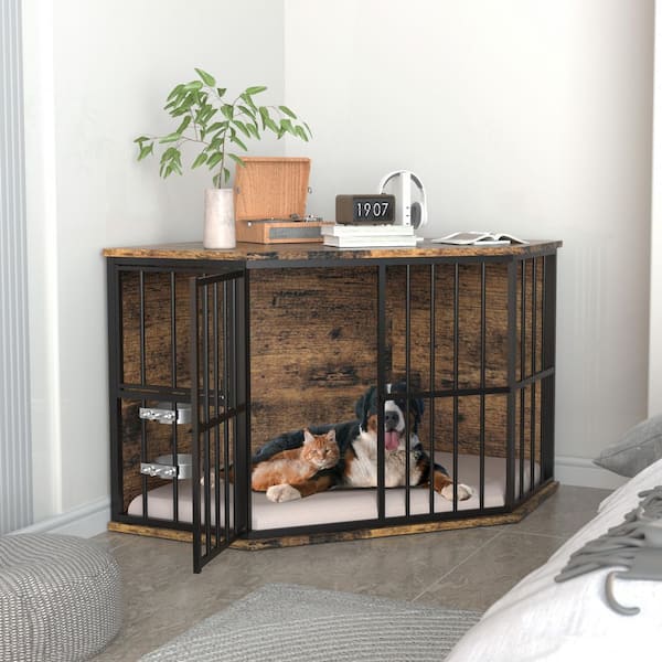 VEIKOUS Dog Crate Furniture Corner Indoor Dog Kennel Pet House Dog Cage Storage Cabinet with 2 Stainless Bowls, Brown
