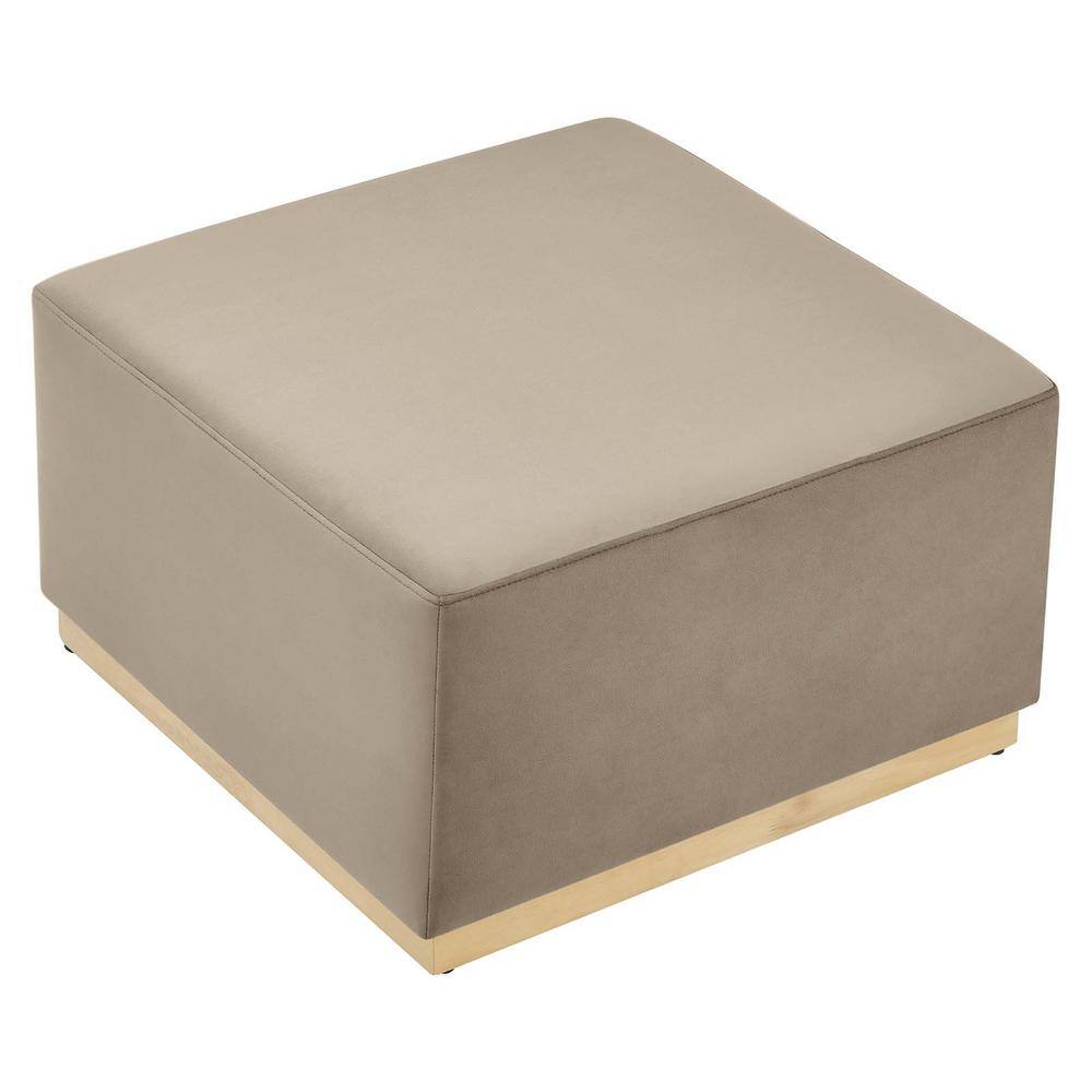 Tilden Taupe Velvet Upholstered Square Ottoman with Rubberwood Base