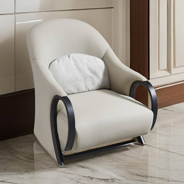 Benjara Gray and Black Leather Arm Chair with Curved Tall Back, Solid Wood