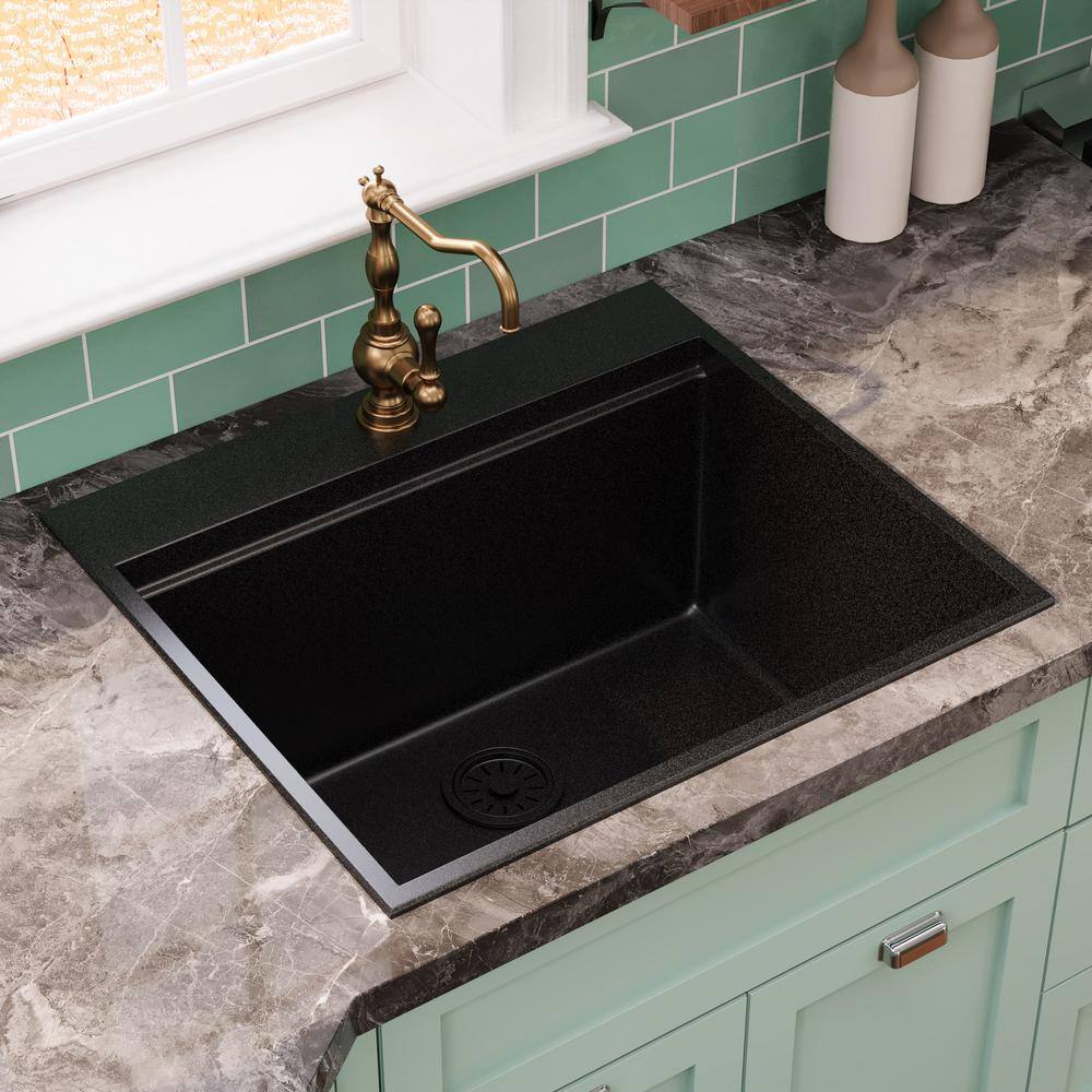 25" Black Quartz Composite Drop-In Single Bowl Kitchen Sink with Accessories
