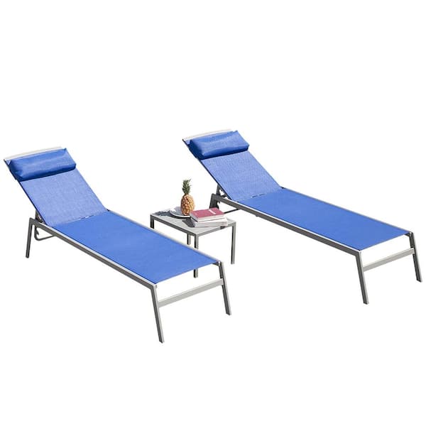 Flynama Adjustable Aluminum Frame Outdoor Lounge Chair with 1-Piece Table in Blue (Set of 2)
