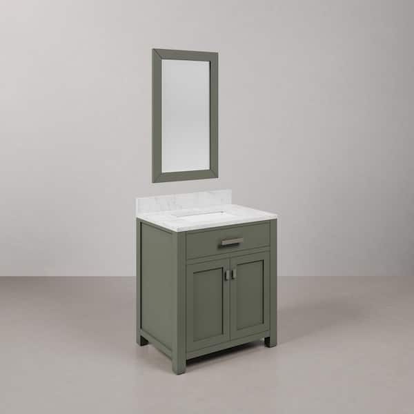 Madison 30 in.W x 21.5 in.D x 34 in.H Single Sink Bath Vanity in Glacial Green with Carrara White Marble Top and Mirror
