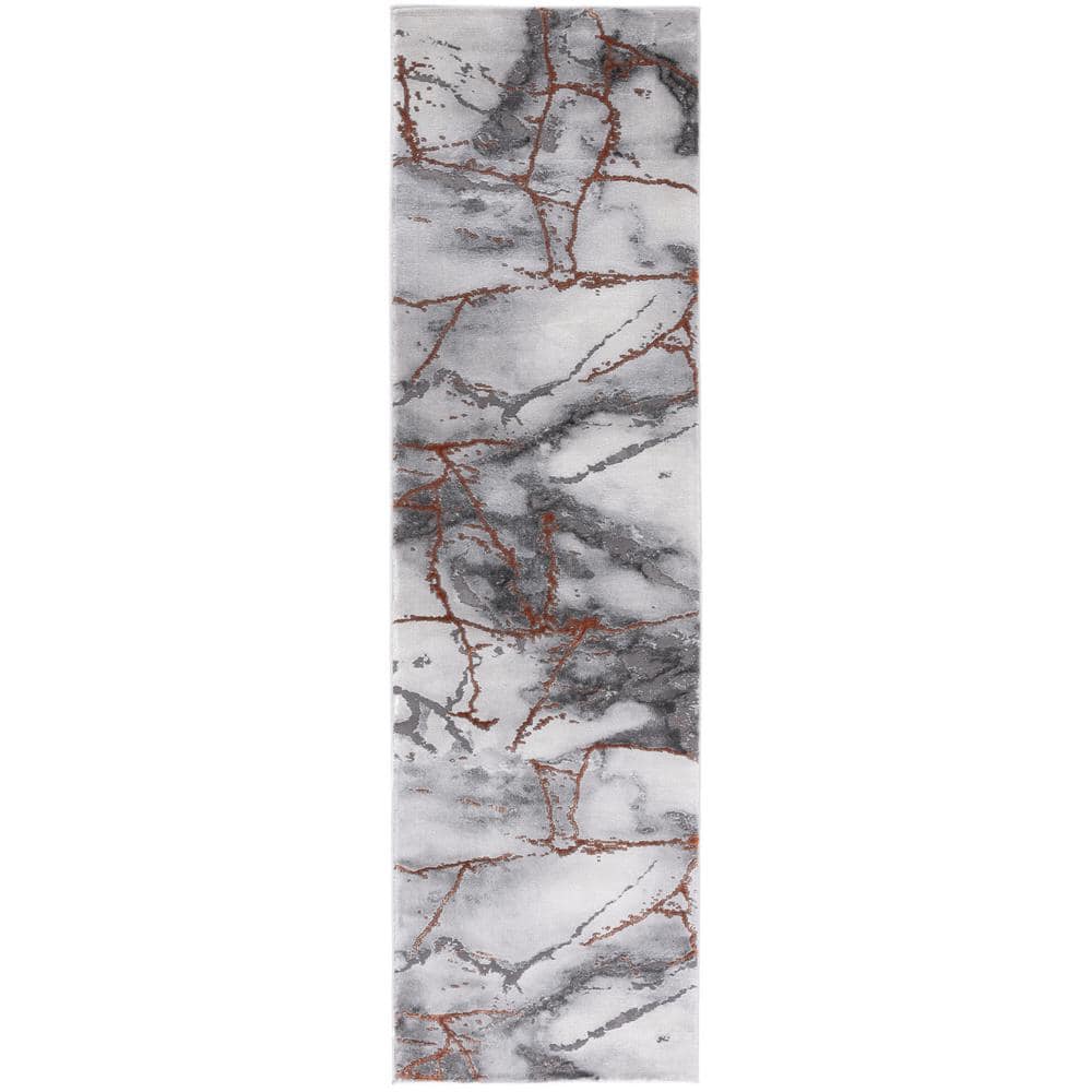 Gray and Orange Abstract Synthetic Runner Rug, 2'3" x 10'