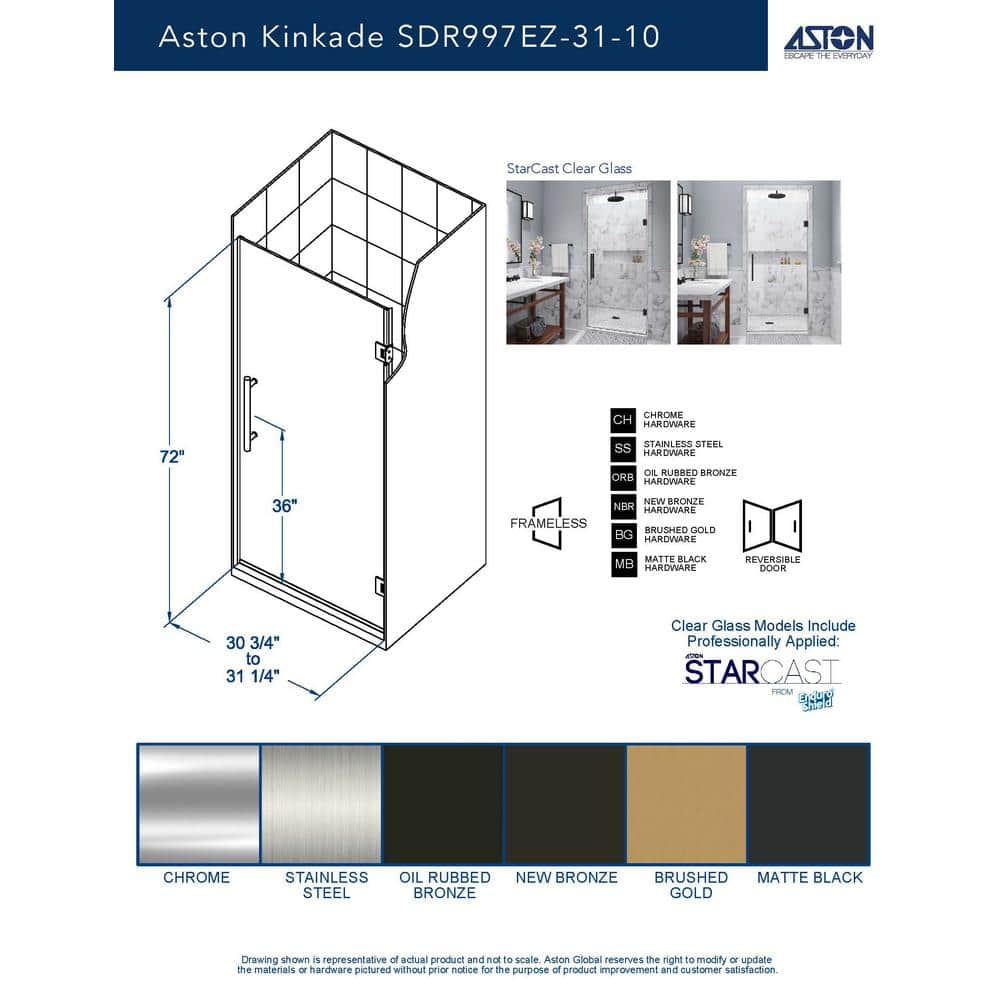 Kinkade 31" Matte Black Frameless Hinged Shower Door with Clear Tempered Glass