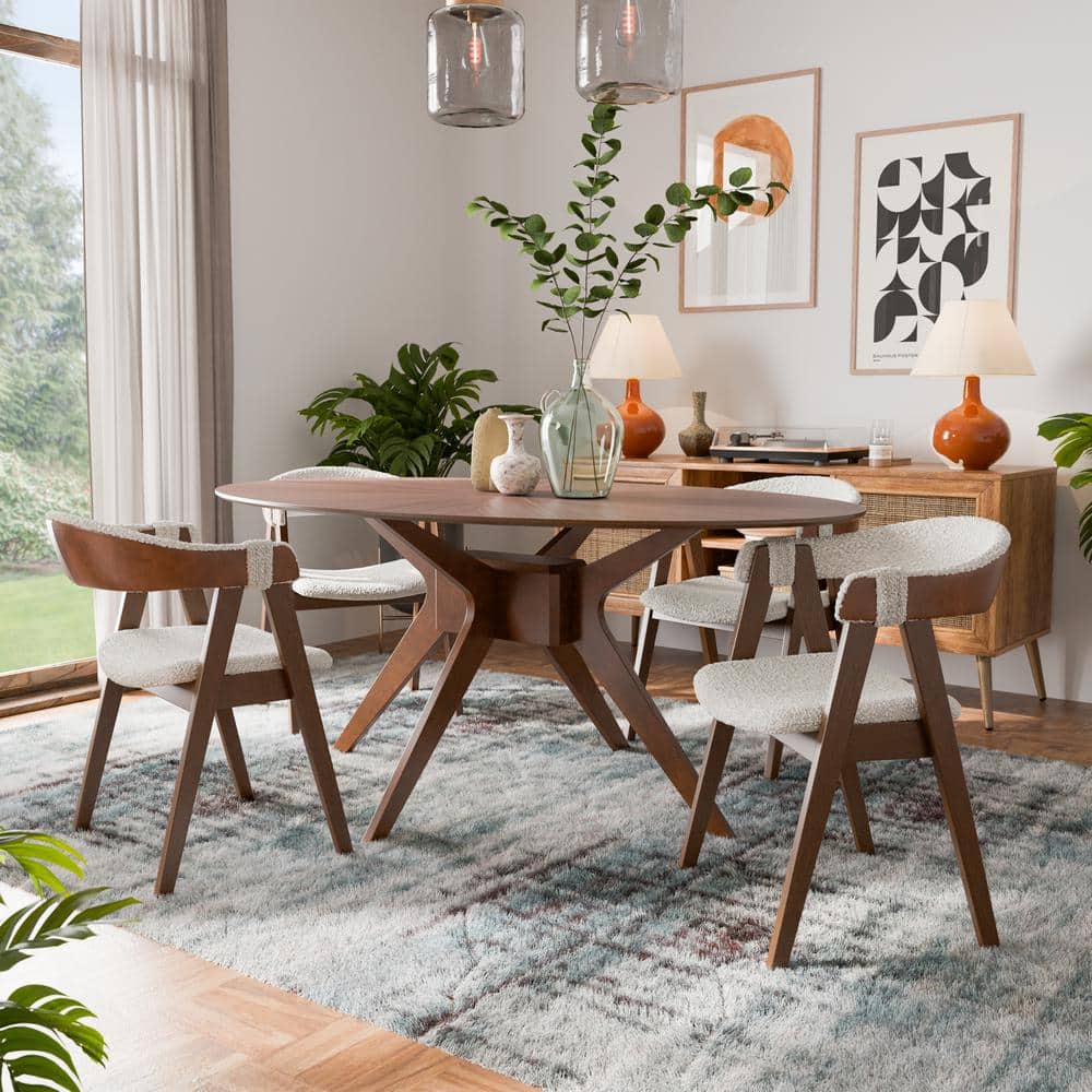 Walnut and Boucle Upholstered Mid-Century Modern Side Chair