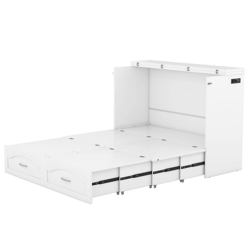 White Wood Frame Queen Size Murphy Bed with Built-in Charging Station, Pulleys and Sliding Rails Design, 2-Drawer - thumbnail 2