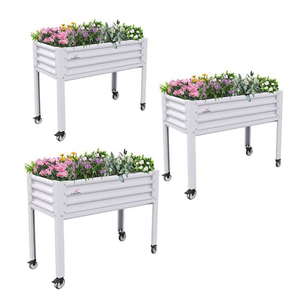 Zeus & Ruta 48 in. x 24 in. x 35 in. White Outdoor Metal Raised Garden Bed with Legs, Drainage Holes on Wheels for Backyard (3-Pack)