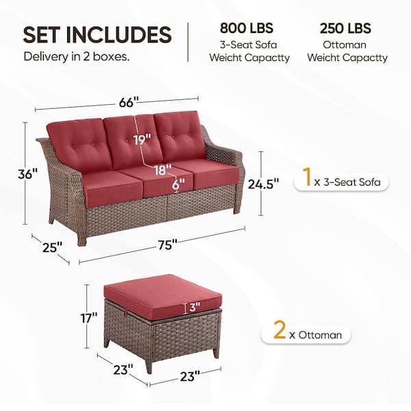 Modern Farmhouse 3-Seat Brown Wicker Outdoor Couch Set with 6 In. Gray Olefin Cushions /Patio Ottomans（3-Piece）