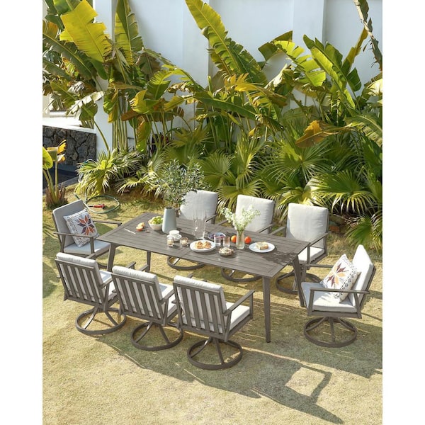 Oak Gray 9-Piece Aluminum Patio Furniture Set Outdoor Dining Set 8 Swivel Chairs with White Cushion and Umbrella Hole