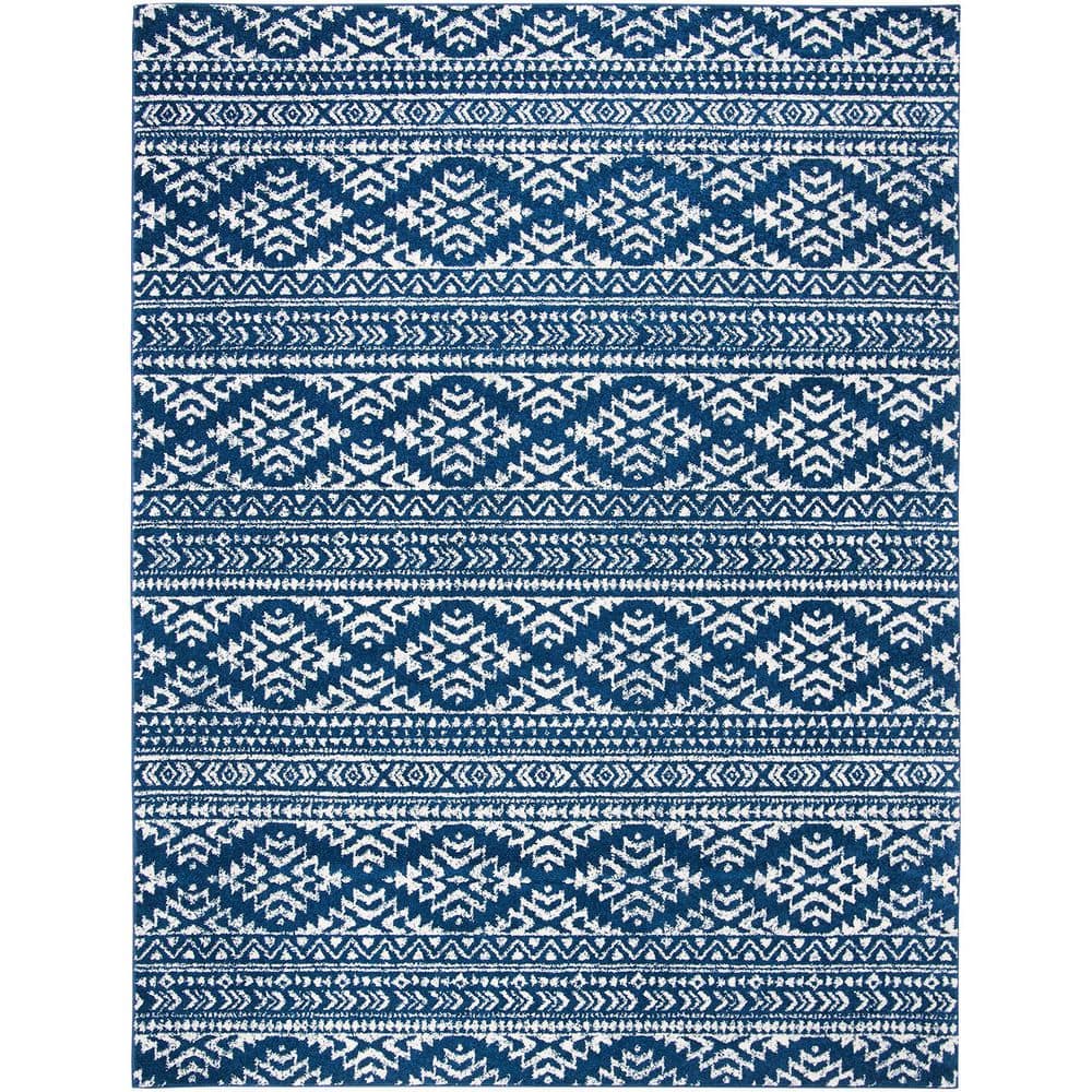 Dark Blue Polypropylene 8 ft. x 10 ft. Geometric Indoor Area Rug