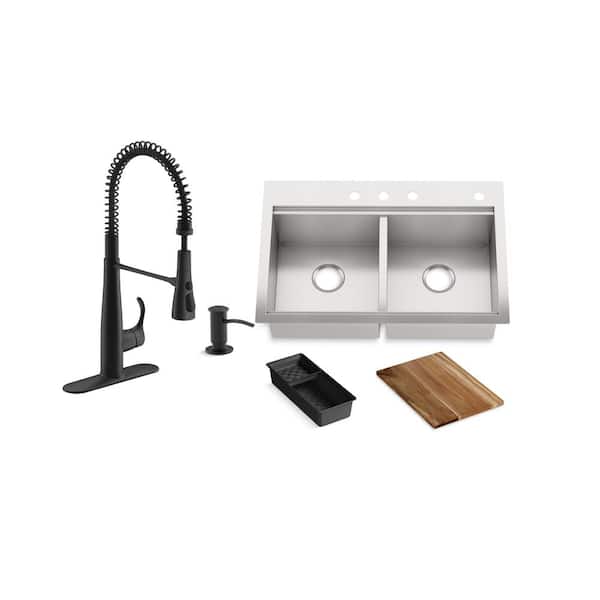KOHLER Brookfield Drop-In Cast Iron 33 in. Double Bowl Kitchen Sink with Simplice Semi Pro Faucet in Polished Chrome