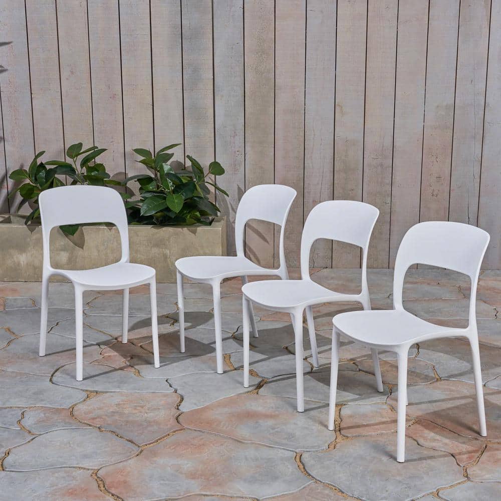 Noble House Katherina White Armless Plastic Outdoor Dining Chairs (4