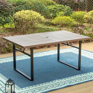 Black Rectangle U Shaped Wood-Look Metal Patio Outdoor Dining Table with 1.77 in. Umbrella Hole