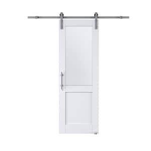 28 in. x 80 in. 1/2-Lite Tempered Frosted Glass White Primed MDF Sliding Barn Door with Hardware Kit Nickel Plat