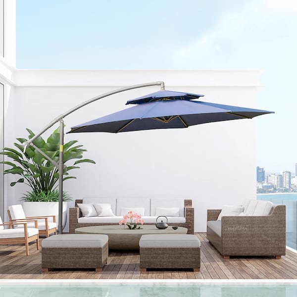Outsunny 8.8 ft. Parasol Cantilever Patio Umbrella with Crank Handle, Double Tier Canopy and Cross Base in Dark Blue 84D-187DB - The Home Depot