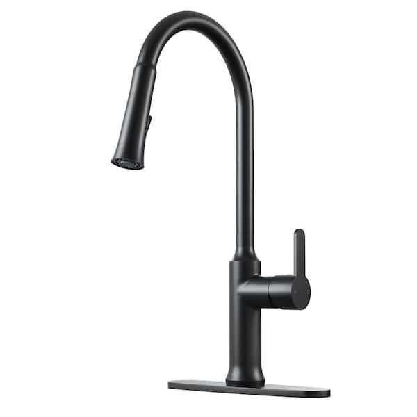 2-Spray Patterns Single Handle Pull Down Sprayer Kitchen Faucet with Deckplate and Water Supply Hoses in Matte Black