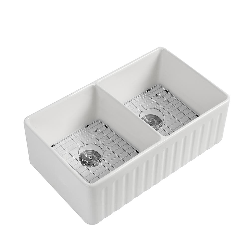 33 in. Farmhouse Double Bowls White Fireclay Kitchen Sink with Bottom Grids