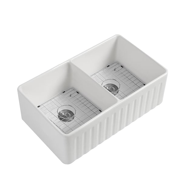 Unbranded 33 in. Farmhouse Double Bowls White Fireclay Kitchen Sink with Bottom Grids