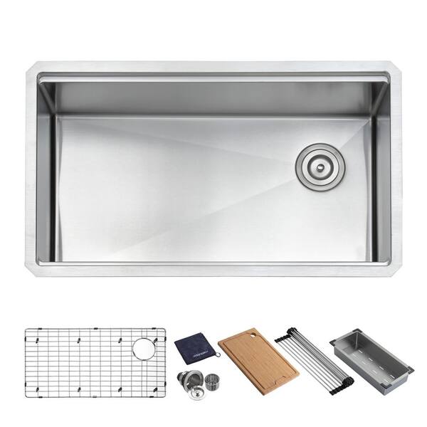 JASSFERRY 16-Gauge Stainless Steel 32 in. Single Bowl Tight Radius Undermount Workstation Kitchen Sink with Bottom Grid