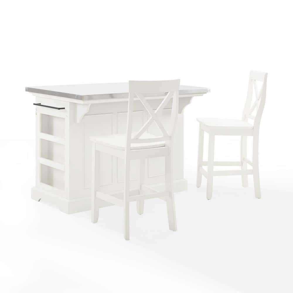 Julia 50'' White and Stainless Steel Kitchen Island Set with Stools