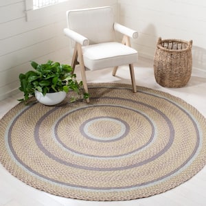 Cape Cod Blue/Olive 4 ft. x 4 ft. Braided Striped Border Round Area Rug