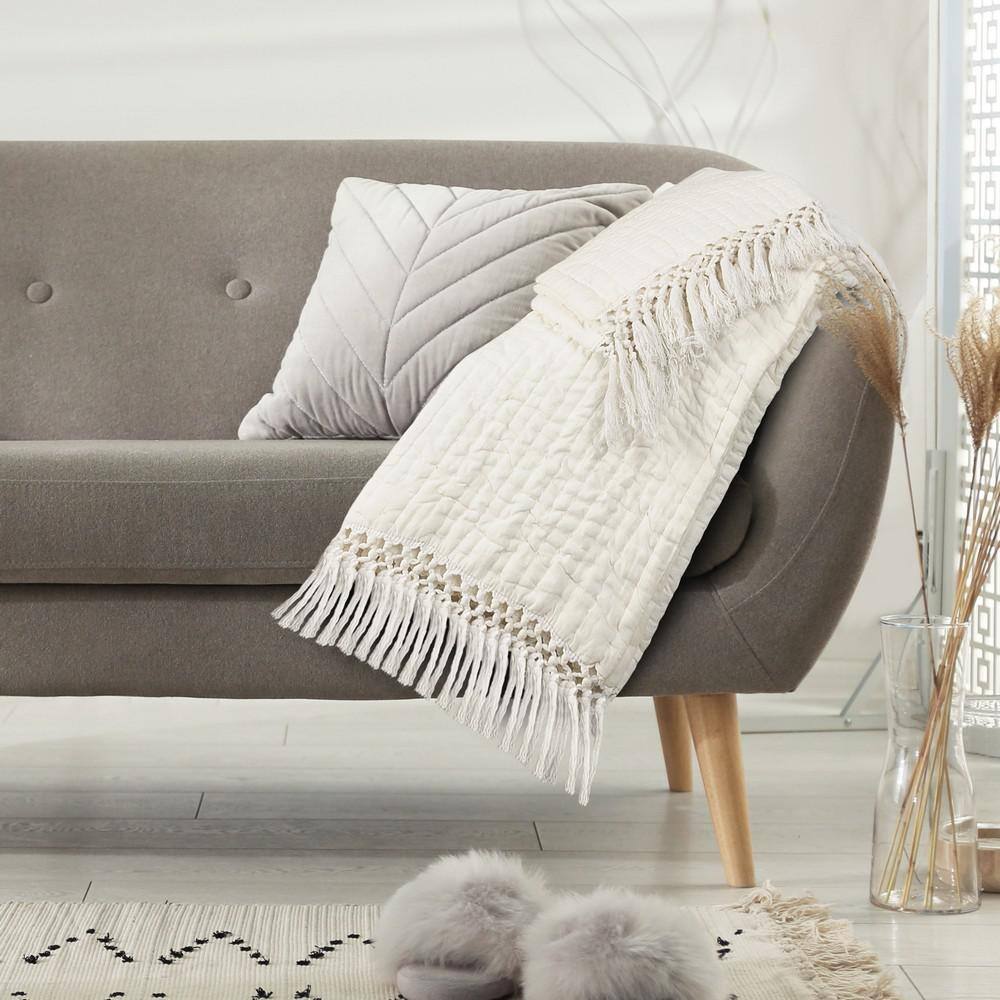 Ivory Cotton Reversible Throw Blanket with Fringe