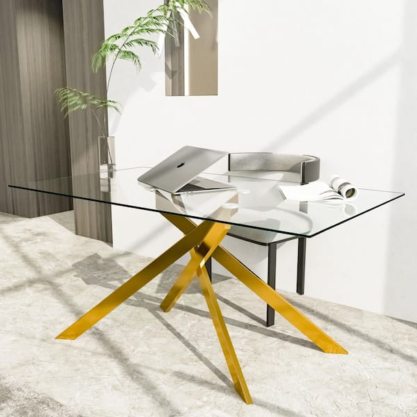 51.18 in. Rectangular Clear Tempered Glass Table with Golden Metal Cross Legs Dining Table, Seating Capacity 4-6 people