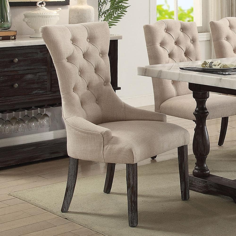 Beige Linen Upholstered Parsons Dining Arm Chair Set