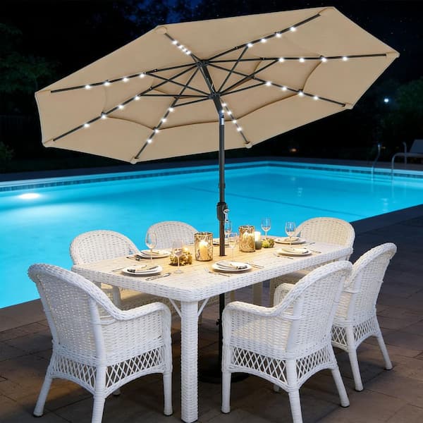 3 tier patio umbrellas Best Choice Products Woodgrain Pattern 10ft 3-Tier Solar Umbrella w/ 24 LED Lights, Tilt and decks 10 ft 3-tier Vented Patio