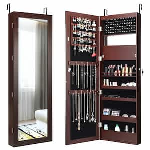 47 in. H x 14.5 in. W x 3.5 in. D Wall Door Mounted Lockable Jewelry Cabinet Armoire Organizer with LED Brown