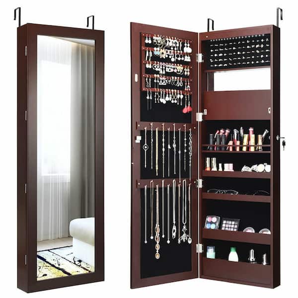 Gymax 47 in. H x 14.5 in. W x 3.5 in. D Wall Door Mounted Lockable Jewelry Cabinet Armoire Organizer with LED Brown