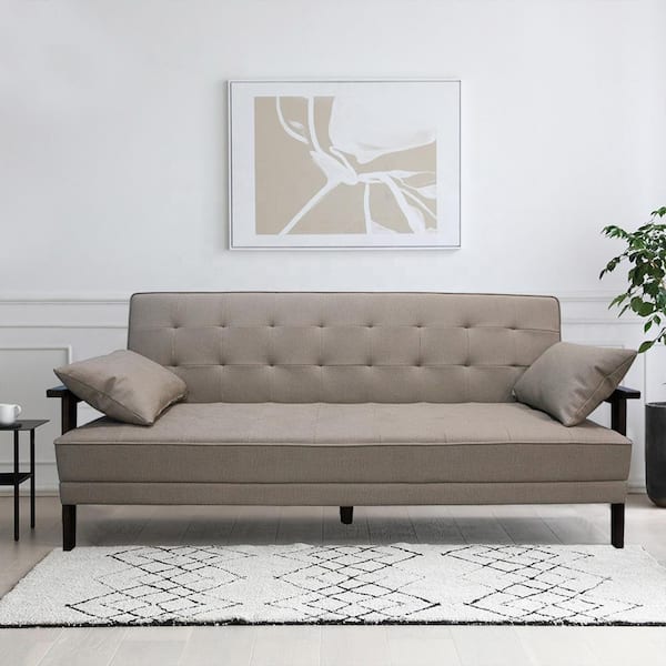 Modern Mid-Century Upholstered Sofa White & Gray Linen Brushed Microfiber  Leather Sofa