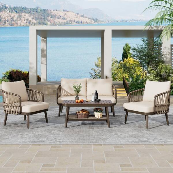 Tenleaf 4-Piece Metal Patio Conversation Set with Beige Cushions ...