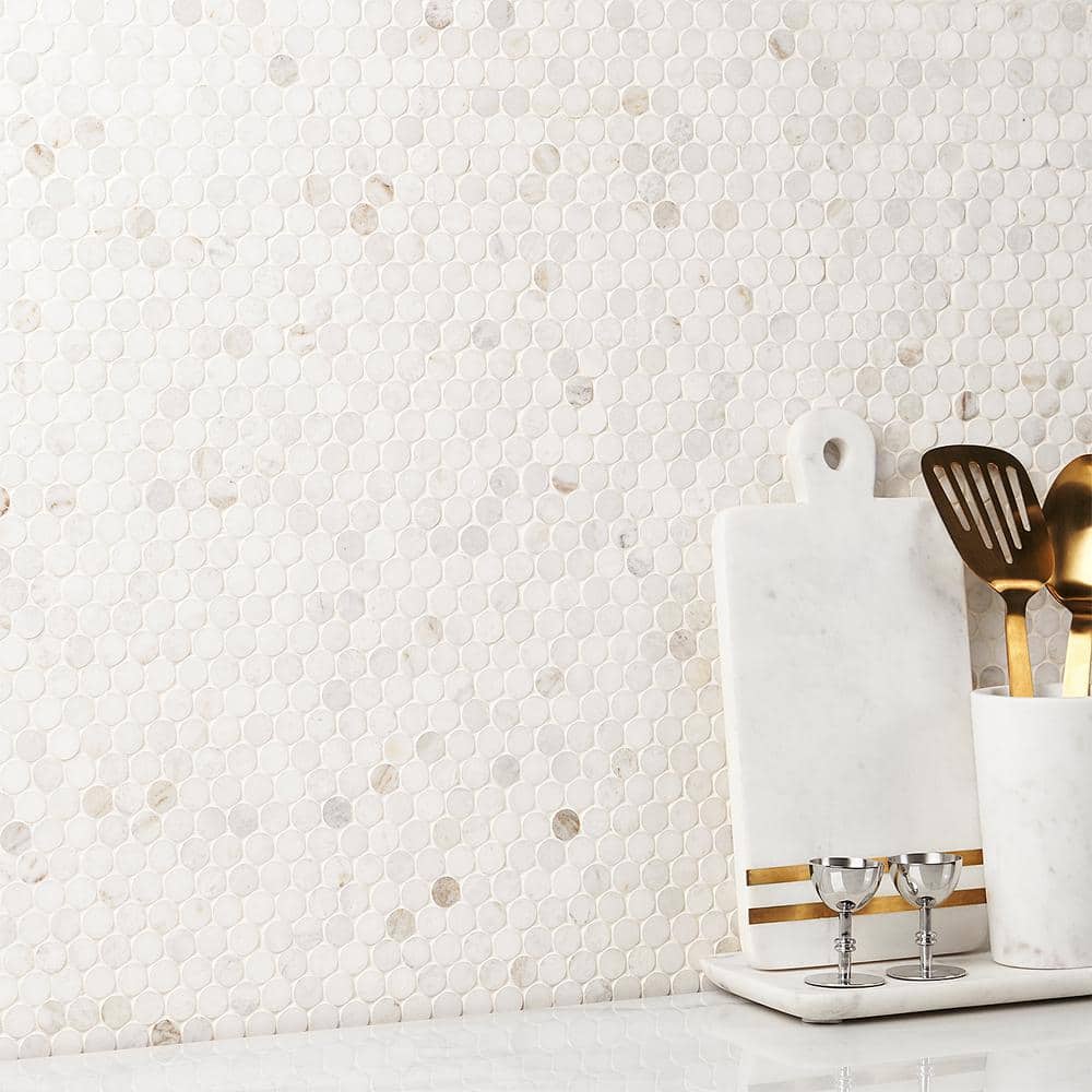 Polar White Penny Round Polished Marble Mosaic Tile