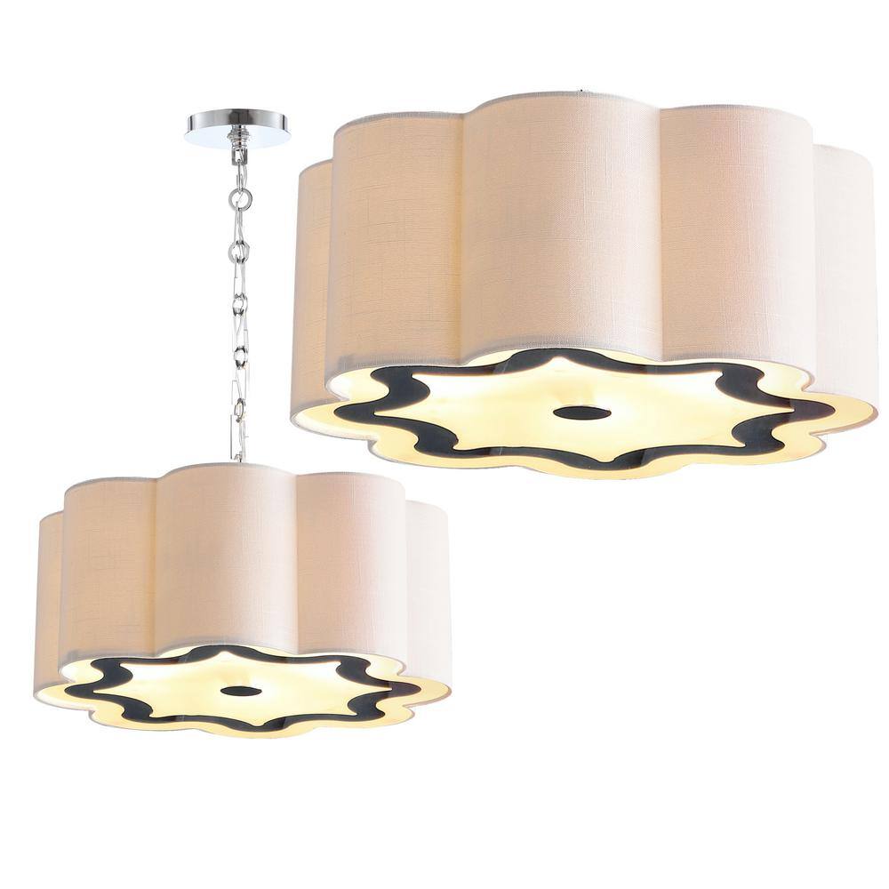 Polished Chrome 20" Drum Pendant with Scalloped Linen Shade and LED Bulbs