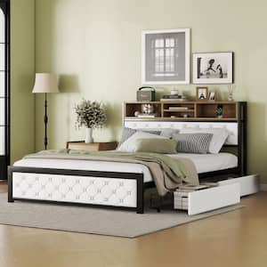 White Metal Frame Queen Size Platform Bed with USB Port and 4-Drawers