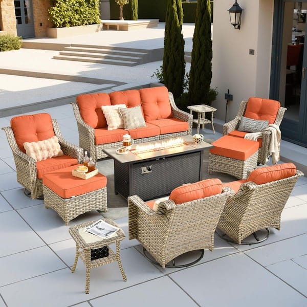Eureka 10-Piece Wicker Patio Conversation Sofa Swivel Chair Set with Metal Fire Pit Table and Red Cushions