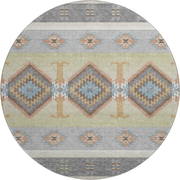 Mayfield Premium Machine Washable Abstract AMF2541 Gray 8 ft. x 8 ft. Round Rug