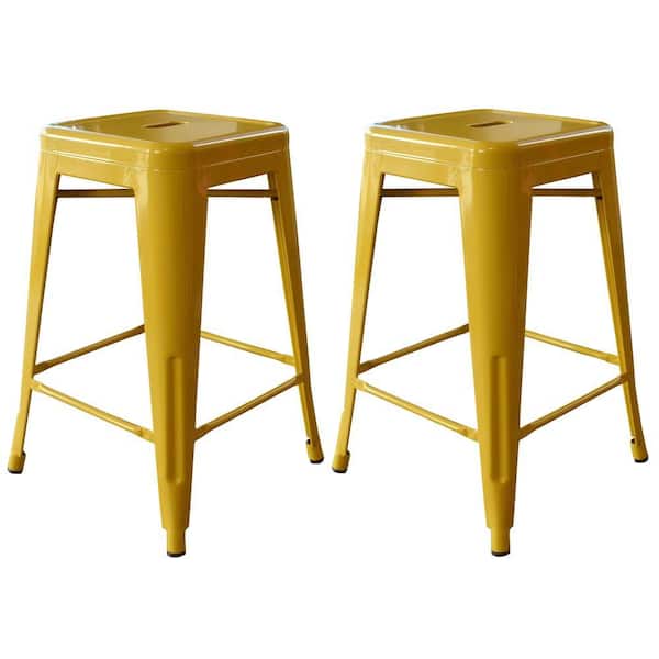 AmeriHome 24 in. Golden Yellow Metal, Backless, Stackable Bar Stool (Set of 2)