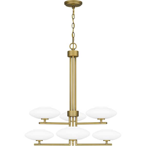 Quoizel Chenal 6-Light Aged Brass Chandelier with Opal Etched Glass Shade