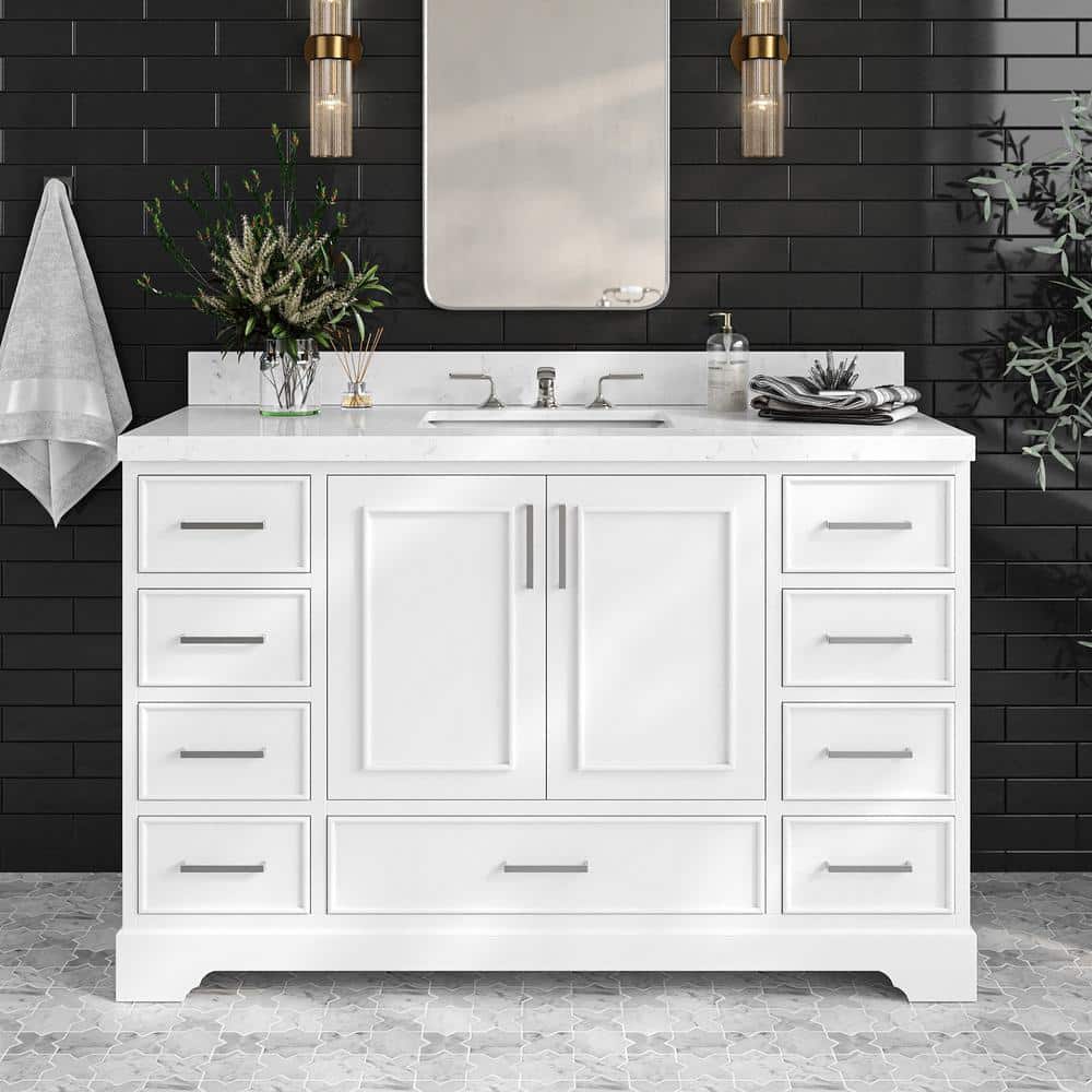 Stafford 54" White Freestanding Bathroom Vanity with Carrara Quartz Top