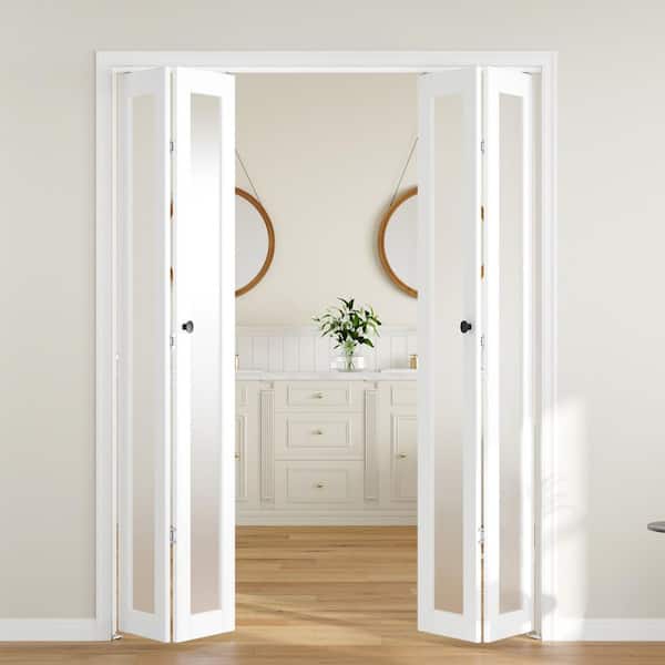 60 in. x 80 in. 1-Lite Tempered Frosted Glass White Finished Solid Core MDF Wood Bi-Fold Door with Hardware