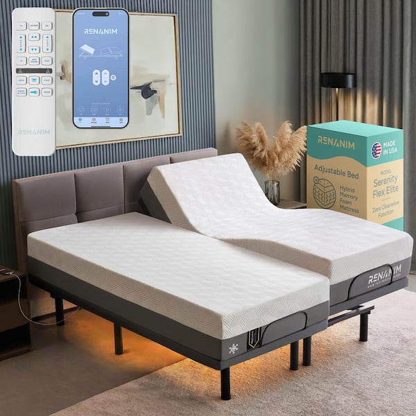 Renanim Gray Adjustable Bed Frame Split-King with 12 in. Hybrid Mattress, USB, Under Bed Light, App Control Adjustable Bed Base