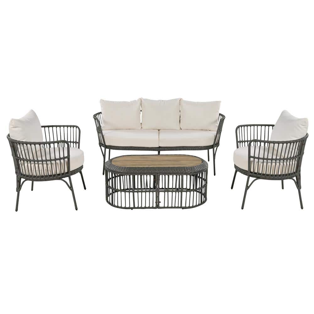 4-Piece Wicker Rattan Outdoor Patio Conversation Sectional Set with Beige C