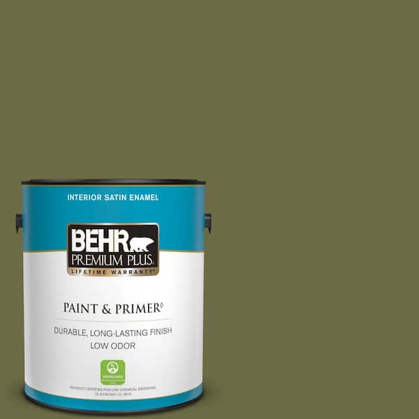 BEHR PREMIUM PLUS 1 gal. Home Decorators Collection #HDC-CL-20 Portsmouth Olive Satin Enamel Low Odor Interior Paint & Primer