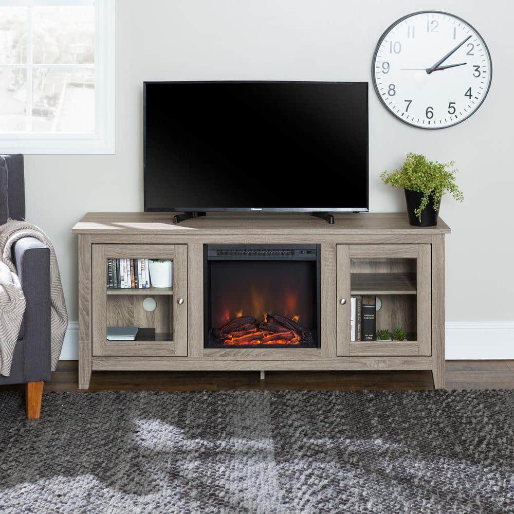 Driftwood 58" TV Stand with Electric Fireplace and Glass Cabinets