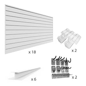 96 in. x 48 in. (576 sq. ft) PVC Slat Wall Panel Set White Complete Bundle (18-Panel Pack)