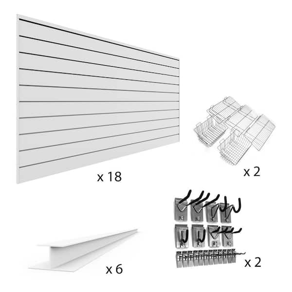 Proslat 96 in. x 48 in. (576 sq. ft) PVC Slat Wall Panel Set White Complete Bundle (18-Panel Pack)