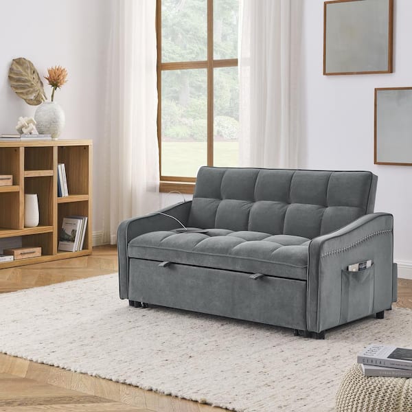 Marleigh 53 in. Convertible Velvet Full Loveseat with Nailheads, Reclining Backrest and USB Charging Ports - Grey