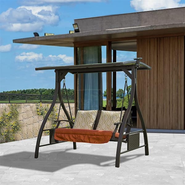 Cesicia 70 in. W 2-Person Black Frame Metal Adjustable Patio Swing with Solar LED Light and Cushions